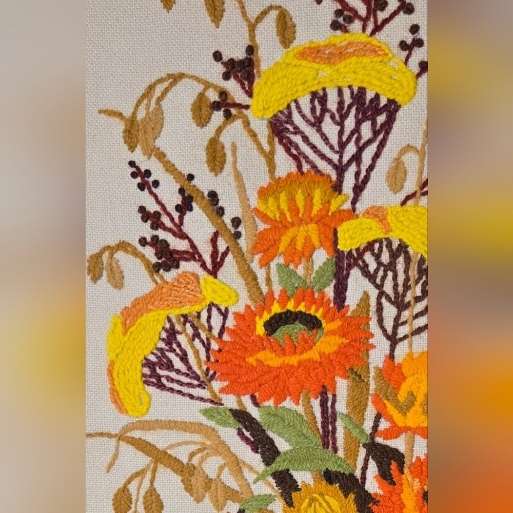 Vintage Embroidered Floral Wall Hanging – Warm Autumn Bouquet Tapestry - Picture 4 of 5